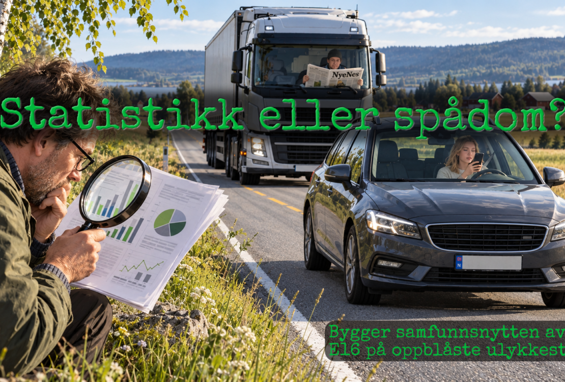 Illustrasjon av statistiker som sitter langs E16 og leter etter funn i statistikken for å forstå Nye Veiers overdrevne tall. Bil i bakgrunnen med kvinne som ser på mobilen og lastebil bak hvor sjåføren leser i avisen fremfor å se på veien.
