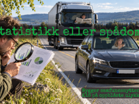 Illustrasjon av statistiker som sitter langs E16 og leter etter funn i statistikken for å forstå Nye Veiers overdrevne tall. Bil i bakgrunnen med kvinne som ser på mobilen og lastebil bak hvor sjåføren leser i avisen fremfor å se på veien.